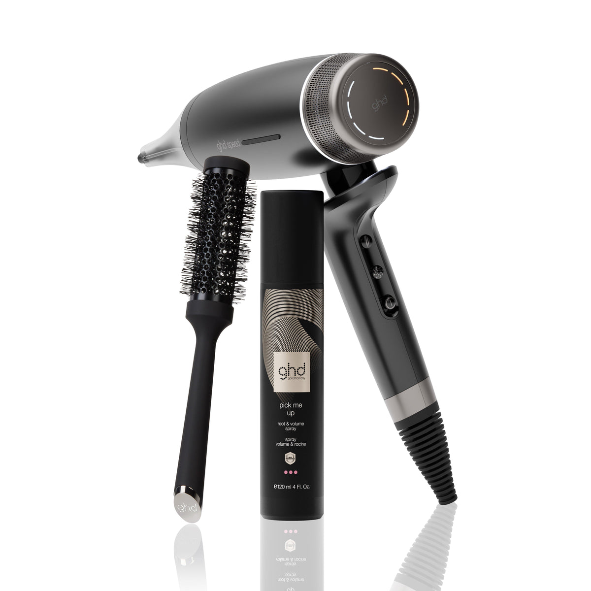 NOUVEAU TRIO SÈCHE-CHEVEUX ULTRA RAPIDE GHD SPEED + SPRAY VOLUME + BROSSE RONDE TAILLE 2
